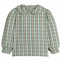 little english classic children's clothing girls long sleeve peter pan blouse in a cream, green, and red holiday plaid