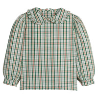 little english classic children's clothing girls long sleeve peter pan blouse in a cream, green, and red holiday plaid