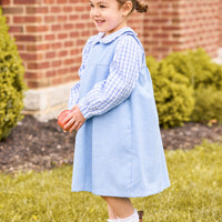 little english classic children's clothing girls long sleeve peter pan blouse in a light blue and white woodberry plaid with jumper in blue alaskan flannel, outfit for fall