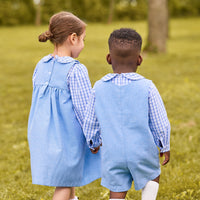 little english classic children's clothing girls long sleeve peter pan blouse in a light blue and white woodberry plaid with jumper in blue alaskan flannel, boys peter pan shirt in woodberry plaid, vintage button tab john john in blue alaskan flannel, Coordinating outfits for fall