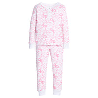 little english classic children's clothing girls long sleeve and pant pink bow printed pajamas with ruffle detail
