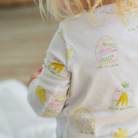 Little English classic children's clothing, girls long-sleeved jammies with ruffles around the collar and printed Easter egg motif