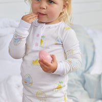 Little English classic children's clothing, girls long-sleeved jammies with ruffles around the collar and printed Easter egg motif