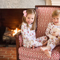 little english classic children's clothing long sleeve and pant pajamas with lab and red hearts all over print, ruffled collar for girl