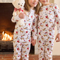 little english classic children's clothing long sleeve and pant pajamas with lab and red hearts all over print, ruffled collar for girl