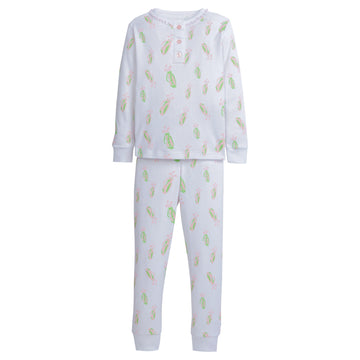 Little English classic children's clothing, girls long-sleeved jammies with ruffles around the collar and printed pink and green golf bag motif