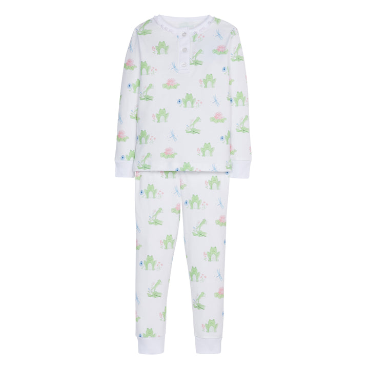 Little English classic children's clothing, girls long-sleeved jammies with ruffles around the collar and printed frog and lilypad motif