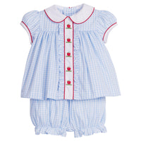 Little English classic bloomer set for little girls. Light blue gingham top with peter pan collar and apple embroidery for back to school.