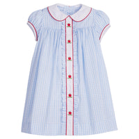 Little English classic dress for little girls. Light blue gingham dress with peter pan collar and apple embroidery for back to school.
