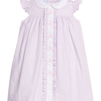 Little English traditional children's clothing. Classic dress for toddler girls in lavender stripe seersucker with peter pan collar and ballet slipper embroidery