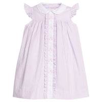 Little English traditional children's clothing. Classic dress for toddler girls in lavender stripe seersucker with peter pan collar and ballet slipper embroidery