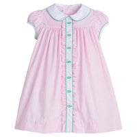 Little English traditional children's clothing. Pink gingham dress with green golf applique for little girls for Spring