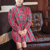 Little English traditional children's clothing, Ruffled Shirt Dress in red, green, and blue Highlands Tartan with ruffled neckline and long sleeves, for little girl