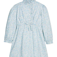 Little English classic children's clothing. Blue and green Waterbury floral shirt dress with ruffled collar for older girls