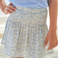 Little English traditional children's clothing, girl's casual skirt for Spring with shirred elastic waistband in blue floral print