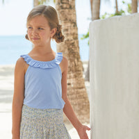 Little English traditional children's clothing, girl's casual skirt for Spring with shirred elastic waistband in blue floral print