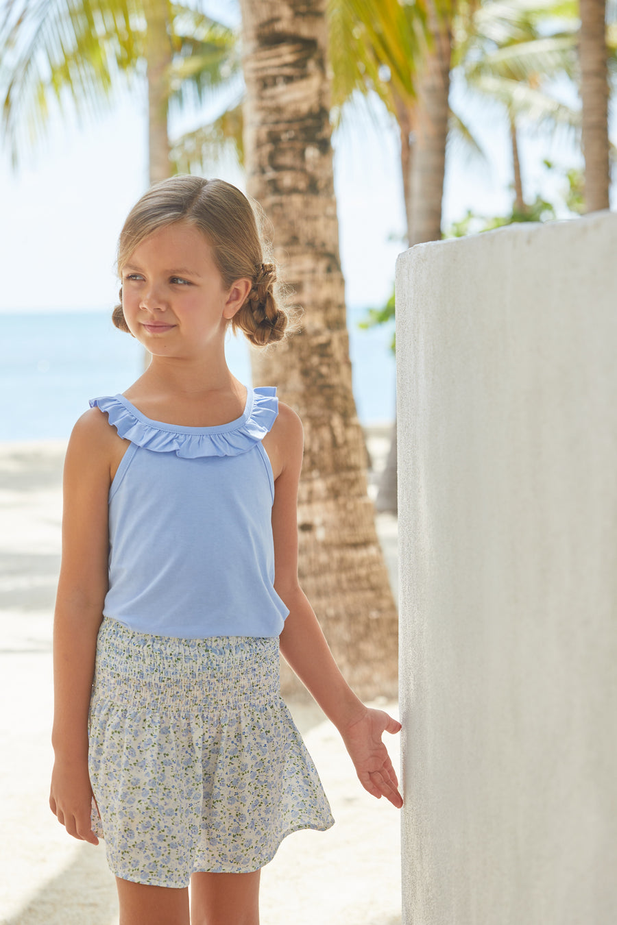 Little English classic children's clothing, girl's knit tank top with ruffled collar in light blue