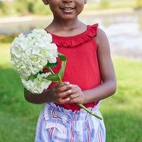 Little English traditional children's clothing. Red, white and blue striped seersucker shorts for girls for Summer. 4th of July shorts for girls