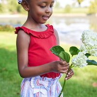 Little English traditional children's clothing. Red, white and blue striped seersucker shorts for girls for Summer. 4th of July shorts for girls