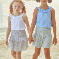 Little English traditional children's clothing, girl's casual skirt for Spring with shirred elastic waistband in blue floral print