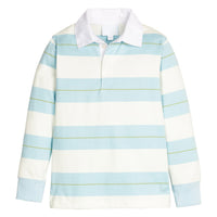 Little English traditional children's clothing. Cream, aqua and green rugby polo