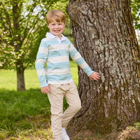 Little English traditional children's clothing. Cream, aqua and green rugby polo paired with tapered khaki sport pant for little boys.