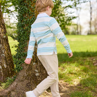 Little English traditional children's clothing. Cream, aqua and green rugby polo paired with tapered khaki sport pant for little boys.