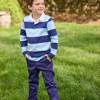 Little English classic children's clothing. Navy and light blue varsity stripe rugby polo paired with navy twill classic pants for boys.