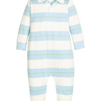 Little English classic children's clothing. Long sleeve aqua and white fondren stripe rugby polo romper for baby boys.