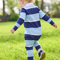 Little English classic children's clothing. Long sleeve navy and light blue varsity stripe rugby polo romper for baby boys.