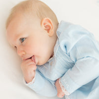 Little english classic ryeland day gown in light blue with button closure down front for baby