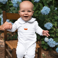 Little English traditional baby clothing, signature pima cotton crochet playsuit with sailboat for baby boy