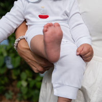 Little English traditional baby clothing, signature pima cotton crochet playsuit with sailboat for baby boy