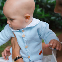 Little English traditional baby clothing, signature light blue crochet cardigan with red sailboat for baby boys