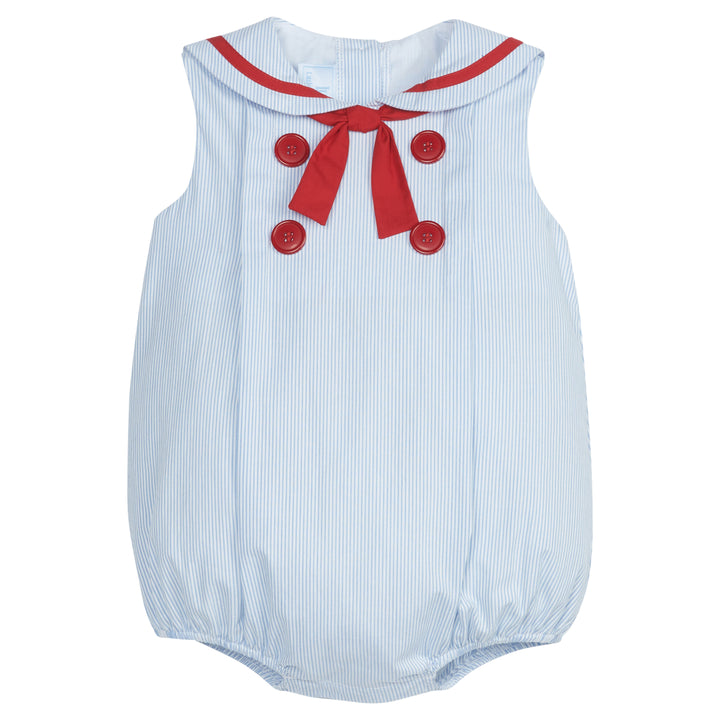 Little English traditional children's clothing, baby's classic thin light blue stripe bubble with sailor collar, fixed neck tie, and red button detail for Summer 