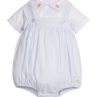 Little English traditional children's clothing. Traditional two-piece bubble set for baby boys with with peter pan short sleeve shirt with embroidered bunnies at the collar and coordinating bubble in light blue stripe seersucker fabric. Easter outfit for baby boys.