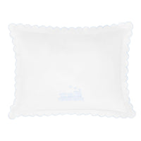 Little English traditional children's clothing. White cotton scallop baby pillowcase with light blue trim and train embroidery at the bottom