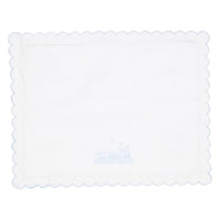 Little English traditional children's clothing. White cotton scallop baby pillowcase with light blue trim and train embroidery at the bottom
