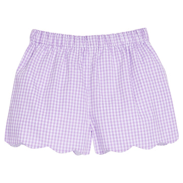 Little English traditional children's clothing.  Fun and classic lavender gingham scallop short for little girls for Spring.