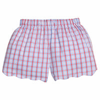 Little English traditional children's clothing. Classic scallop hem shorts with elastic waistband in red and blue Patriotic Plaid for girls. Girls shorts for 4th of July.