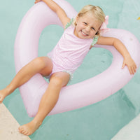 Little English traditional children's clothing. Pink striped swimsuit with scoop back and green striped ruffle details for little girls