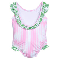 Little English traditional children's clothing. Pink striped swimsuit with scoop back and green striped ruffle details for little girls