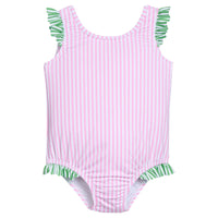 Little English traditional children's clothing. Pink striped swimsuit with scoop back and green striped ruffle details for little girls