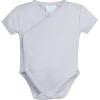 Little English traditional children's clothing. Set of 3 knit unisex onesies in grey stripe, white, and white with grey stars