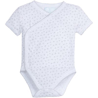 Little English traditional children's clothing. Set of 3 knit unisex onesies in grey stripe, white, and white with grey stars