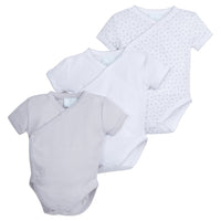 Little English traditional children's clothing. Set of 3 knit unisex onesies in grey stripe, white, and white with grey stars