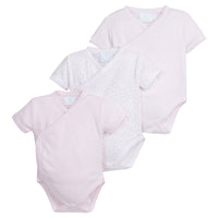 Little English traditional children's clothing. Set of 3 knit onesies in light pink stripe, light pink, and white with light pink stars for baby girls