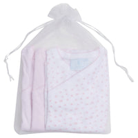 Little English traditional children's clothing. Set of 3 knit onesies in light pink stripe, light pink, and white with light pink stars for baby girls