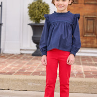 little english classic children's clothing girls navy long sleeve ruffle top with lace detailing a neck and chest, kick flare leggings in red, fall outfit for girl