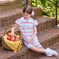 Little English classic children's clothing. Short sleeve white knit peter pan dress with school themed print. Back to school outfit for little girls.